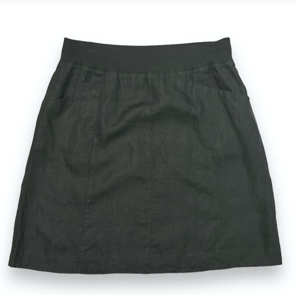 EILEEN FISHER Organic Linen Midi Skirt w/ Organic Cotton Ribbed Waistband
